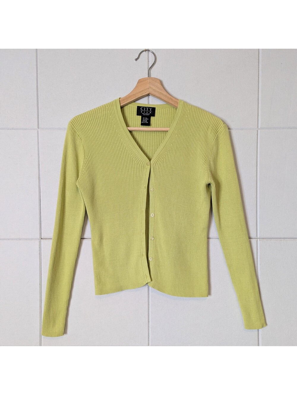 Vintage 00s lime green silk cotton baby fit cardigan - Picture 2 of 5